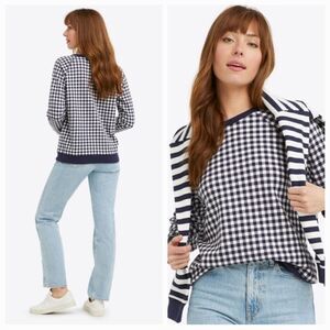 Draper‎ James Check Gingham Natalie Crewneck Terry Cotton Sweatshirt Navy XS